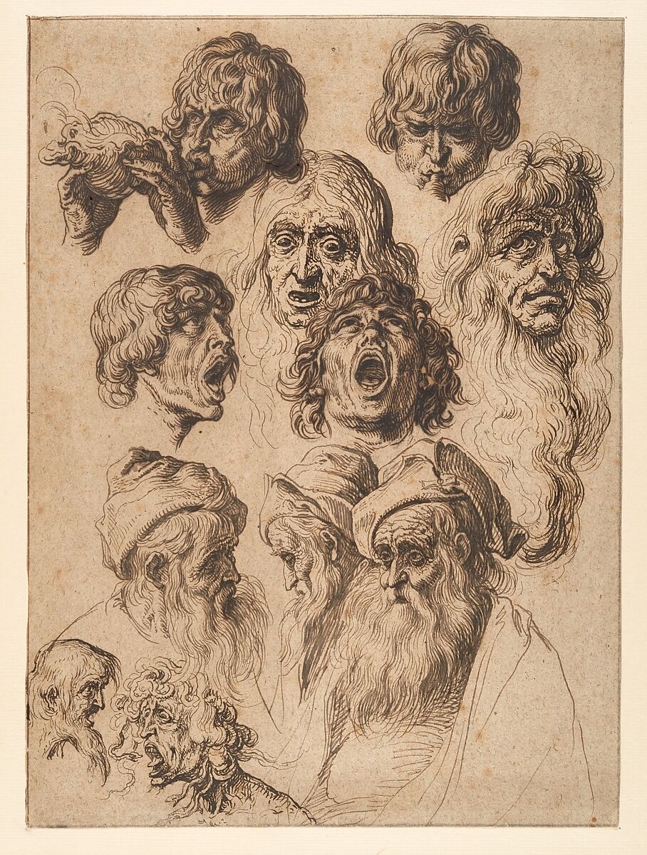 Study of Eleven Heads, Jacques de Gheyn II (Netherlandish, Antwerp 1565–1629 The Hague), Pen and three shades of brown ink with black chalk on laid paper; framing lines in pen and brown ink and graphite