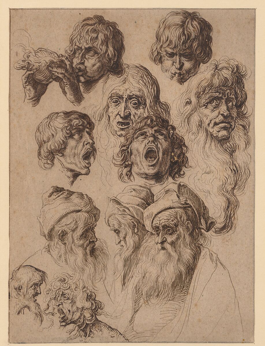 Study of Eleven Heads, Jacques de Gheyn II (Netherlandish, Antwerp 1565–1629 The Hague), Pen and three shades of brown ink with black chalk on laid paper; framing lines in pen and brown ink and graphite