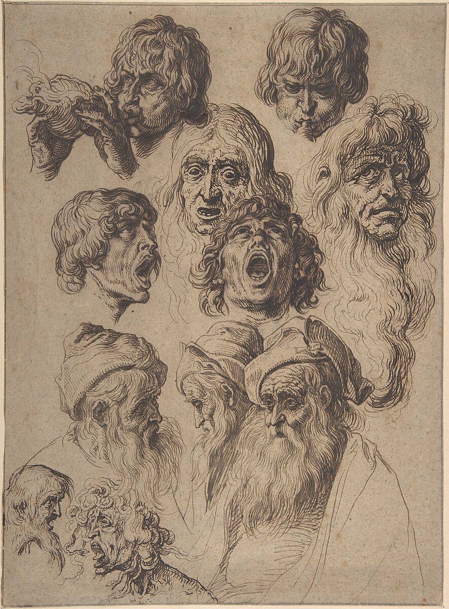 Study of Eleven Heads, Jacques de Gheyn II (Netherlandish, Antwerp 1565–1629 The Hague), Pen and three shades of brown ink with black chalk on laid paper; framing lines in brown ink and graphite 