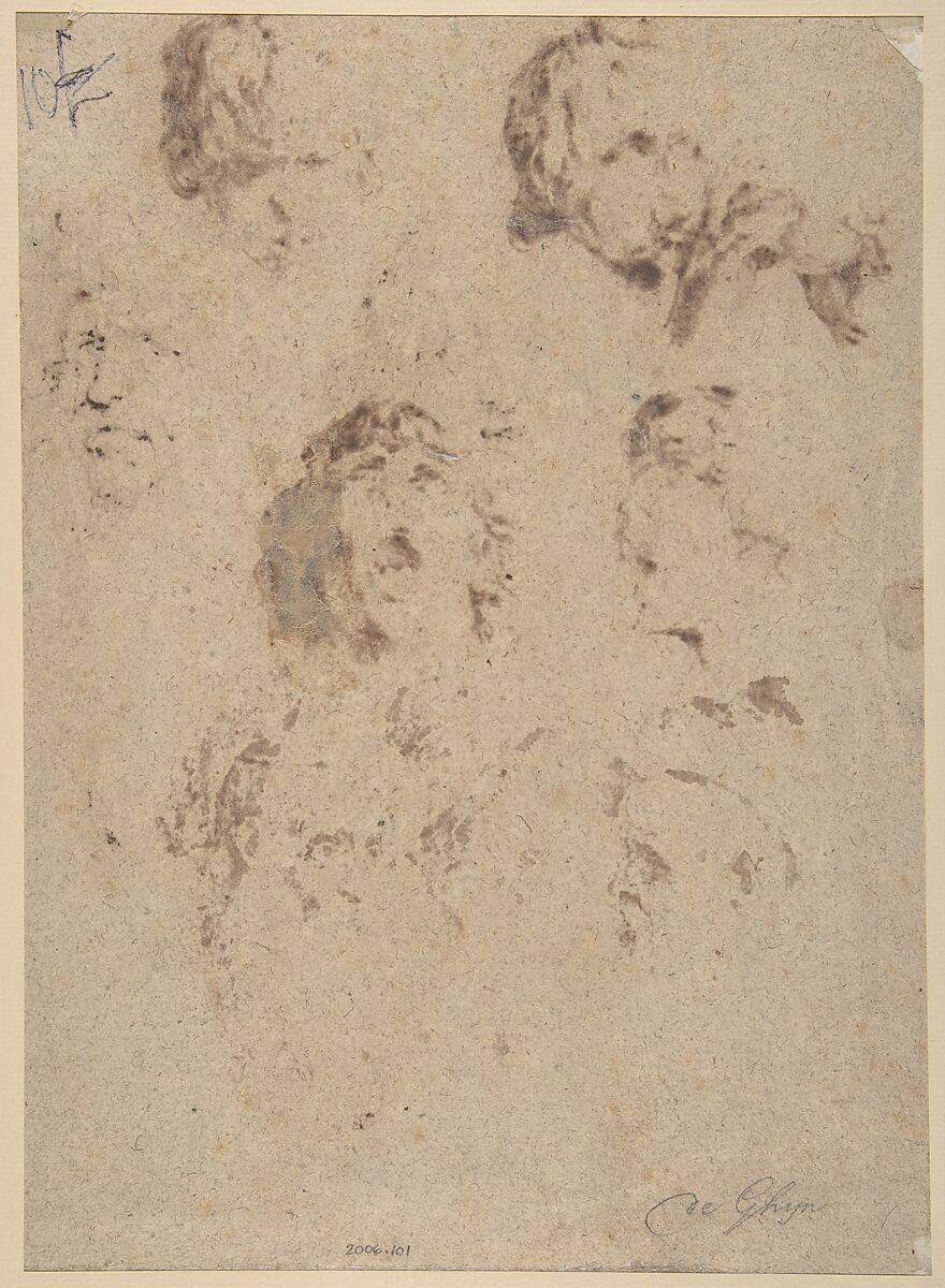 Study of Eleven Heads, Jacques de Gheyn II (Netherlandish, Antwerp 1565–1629 The Hague), Pen and three shades of brown ink with black chalk on laid paper; framing lines in pen and brown ink and graphite