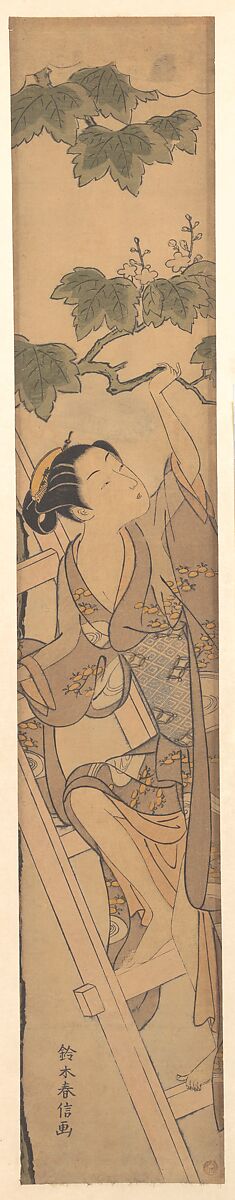 Young Woman Climbing a Ladder, Suzuki Harunobu (Japanese, 1725–1770), Woodblock print; ink and color on paper, Japan 