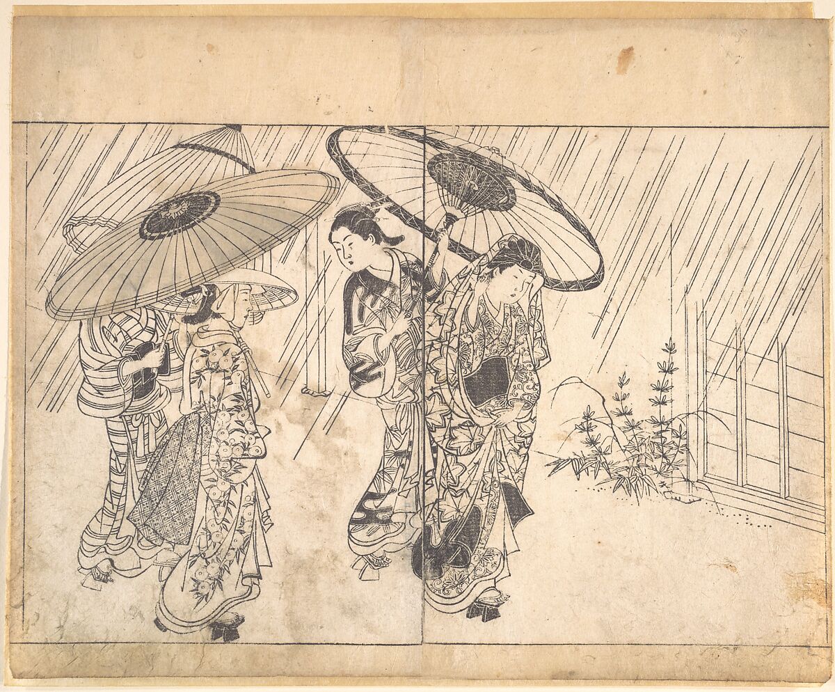 A Lady with Three Attendants in the Rain, Nishikawa Sukenobu (Japanese, 1671–1750), Woodblock print; ink and color on paper, Japan 