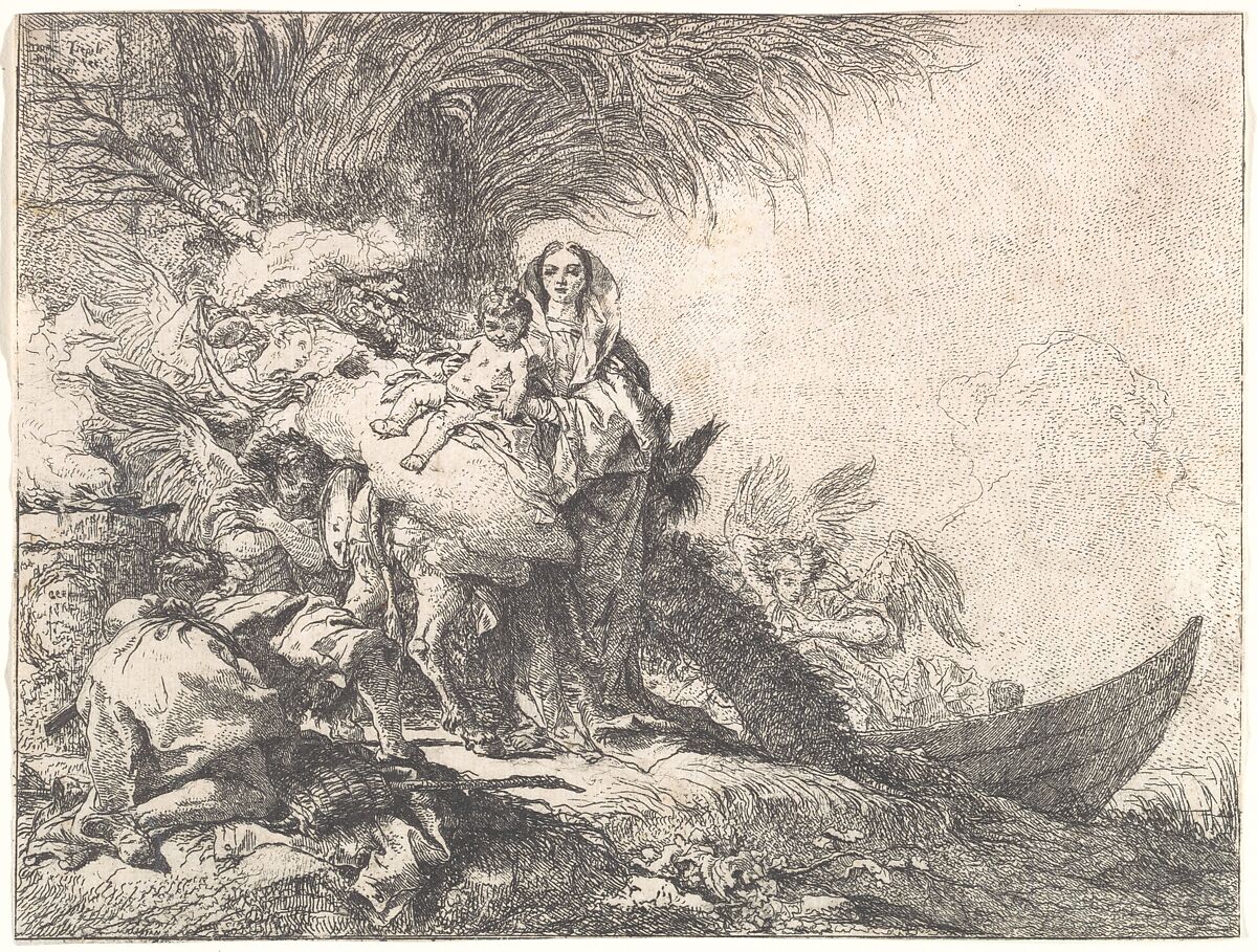 Joseph Adoring the Christ Child near a Smoking Altar, from the Flight into Egypt, Giovanni Domenico Tiepolo (Italian, Venice 1727–1804 Venice), Etching 