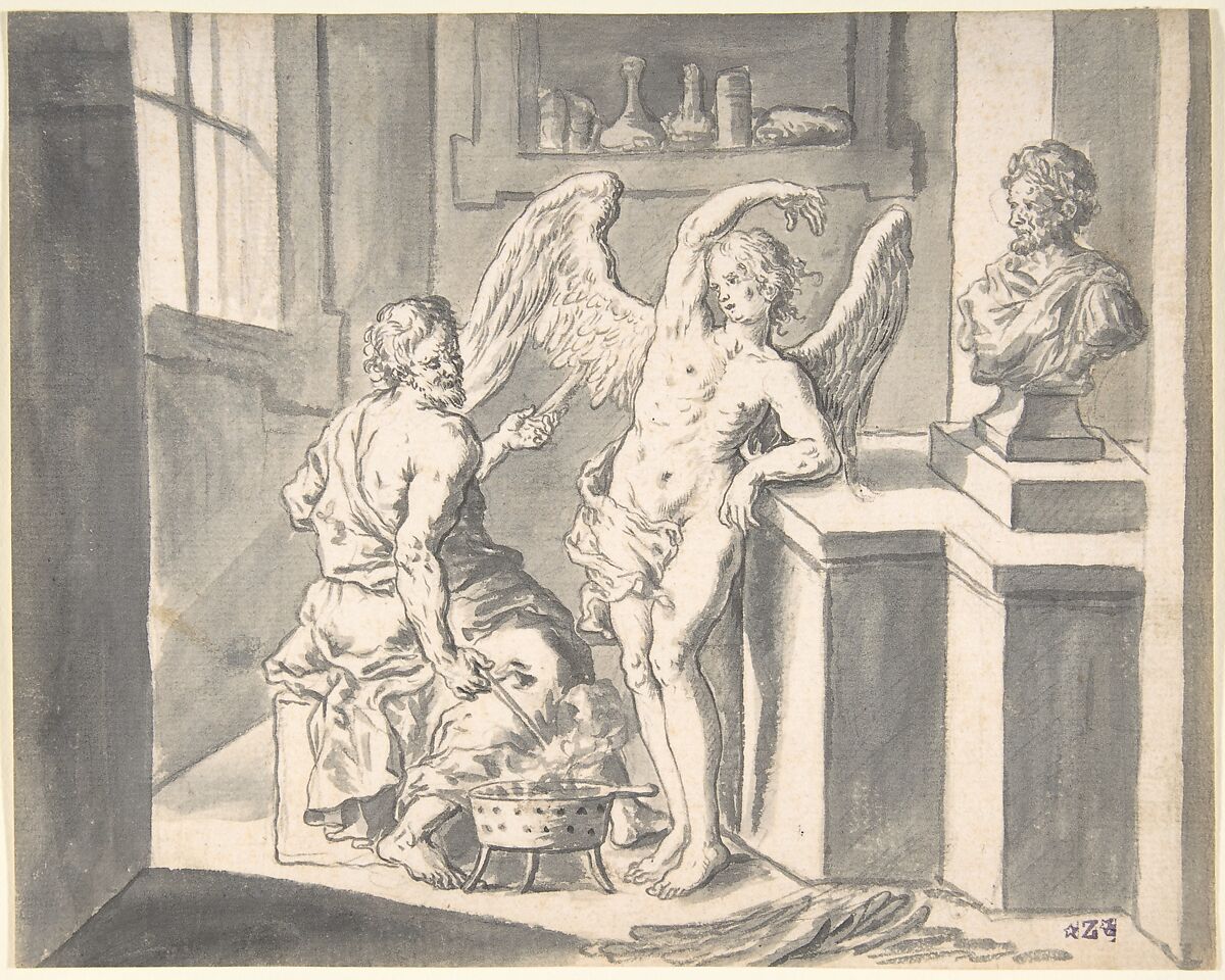 Daedalus Forming the Wings of Icarus out of Wax, Franz Xaver Wagenschön (Austrian, Littisch 1726–1790 Vienna), Pen and black ink, brush and gray wash over black chalk 