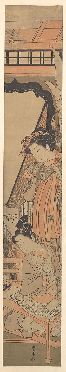 A Beauty Looking Down upon a Young Man Reading a Love Letter, Utagawa Toyoharu (Japanese, 1735–1814), Woodblock print (pillar print); ink and color on paper, Japan 