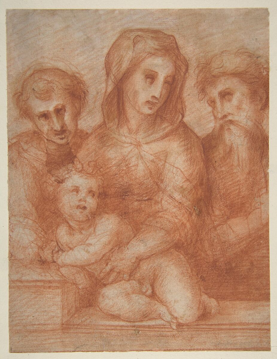 Virgin and Child with Two Saints (recto); Fragmentary Design of a Pietà (verso), Domenico Puligo (Italian, Florence 1492–1527 Florence), Red chalk (recto); soft black chalk (verso) 