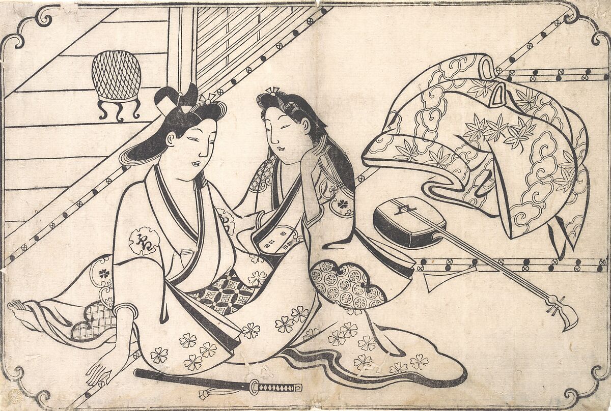 Two Lovers, Hishikawa Moronobu 菱川師宣 (Japanese, 1618–1694), Woodblock print; ink and color on paper, Japan 