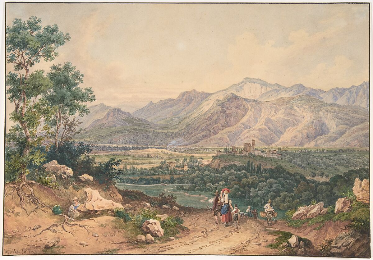 View of Lebanon, after an English Engraving and an Italianate motif of the Sabiner Mountains, Ernst Welker (German, Gotha 1788–1857 Vienna), Watercolor and gouache, over graphite; framing lines in pen and black ink 
