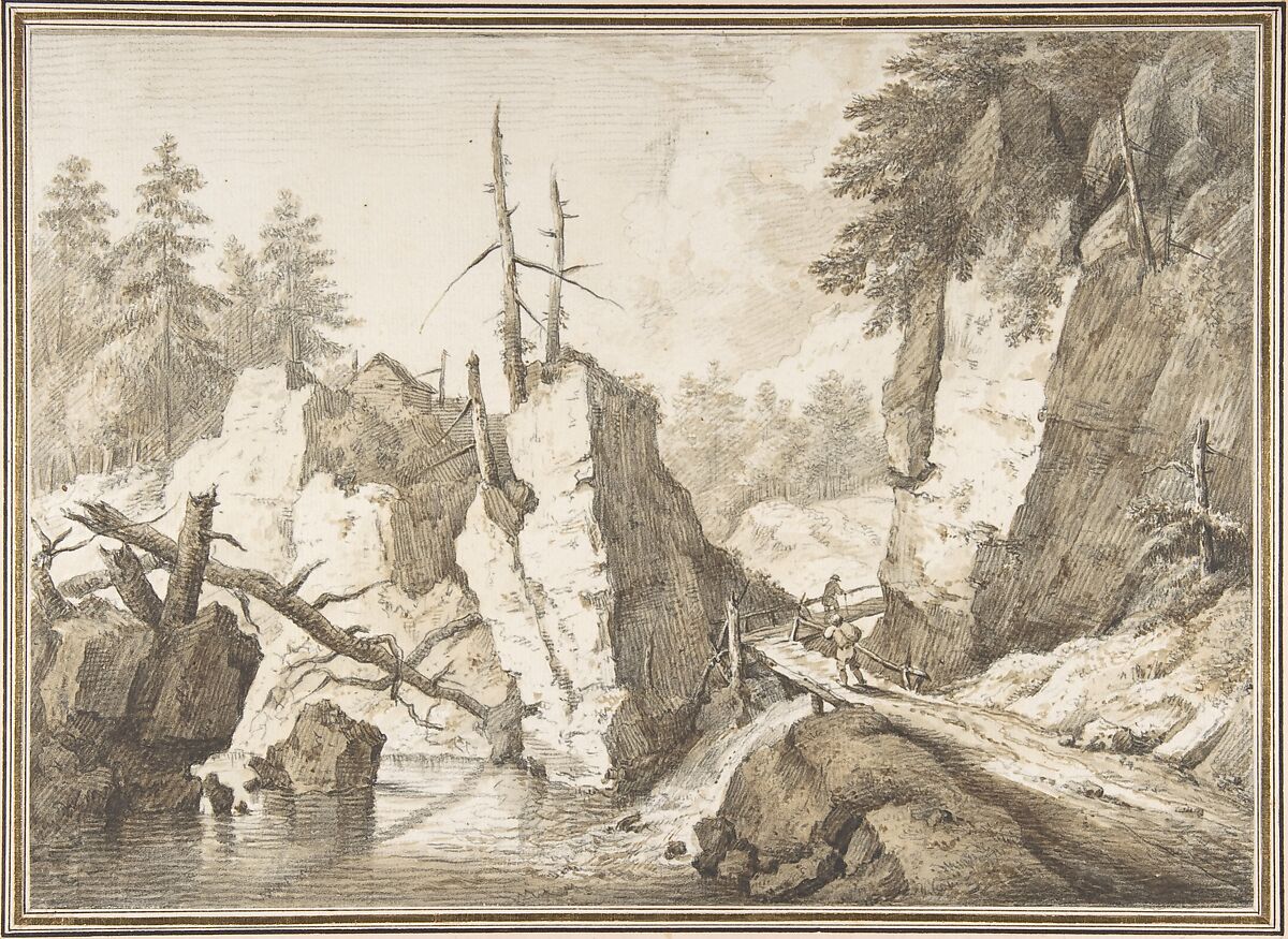 Swiss mountain landscape with small bridge spanning a brook, Franz Schütz (German, Frankfurt am Main 1751–1781 Genf), Watercolor and gouache, over graphite 