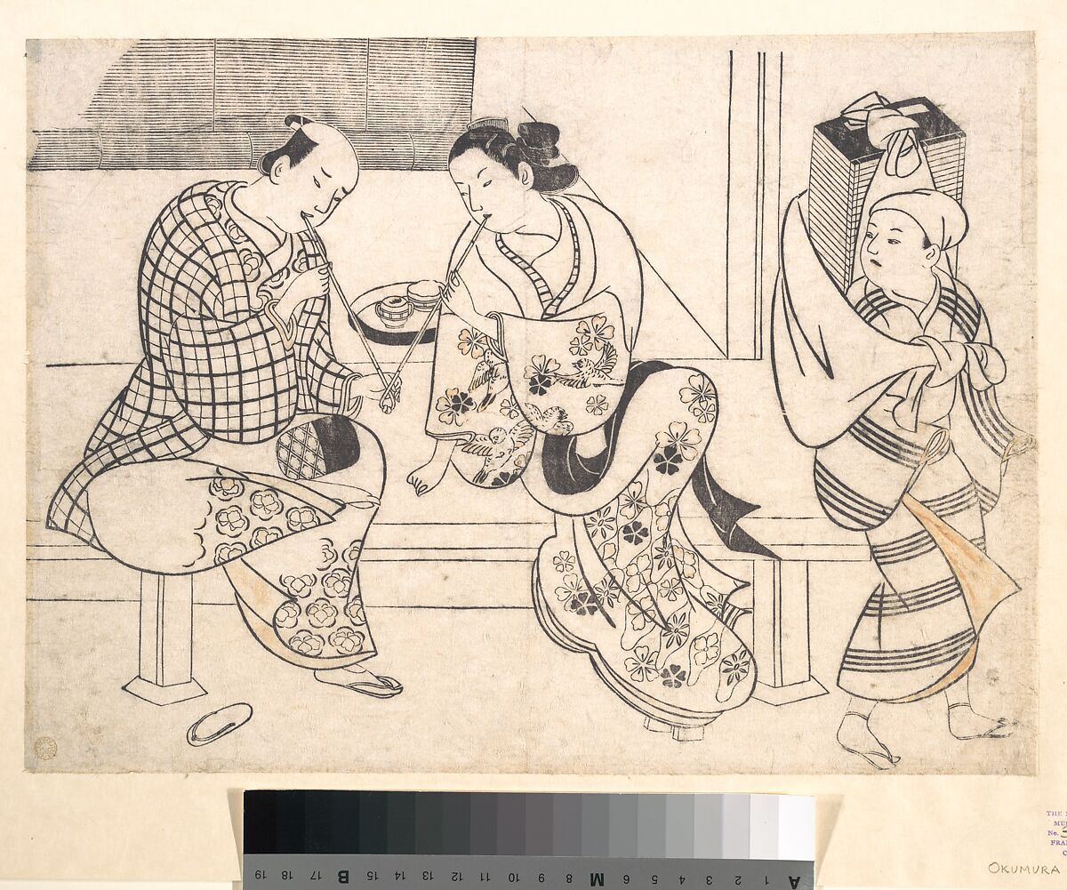 Amorous Couple, Okumura Masanobu (Japanese, 1686–1764), Monochrome woodblock print; ink and color on paper, Japan 