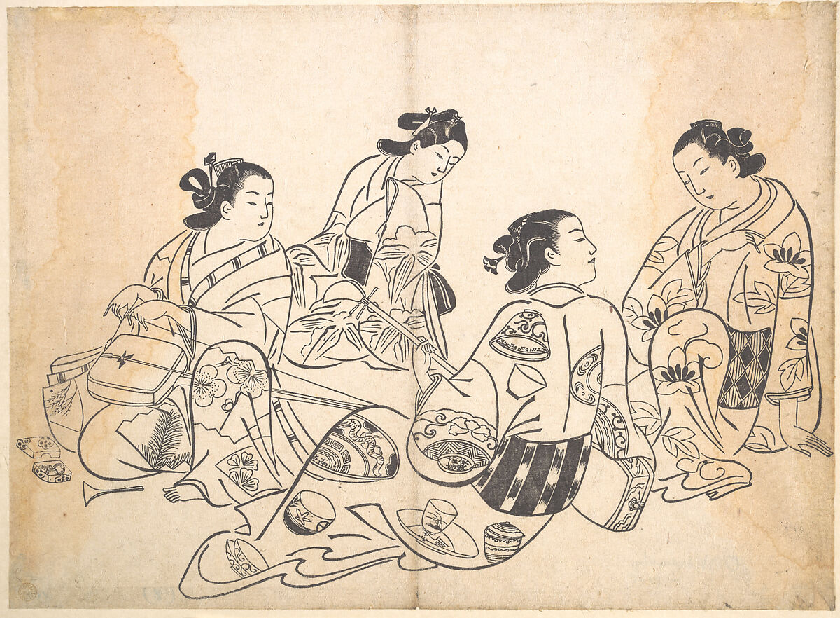 Group of Four Women, Okumura Masanobu (Japanese, 1686–1764), Woodblock print; ink and color on paper, Japan 