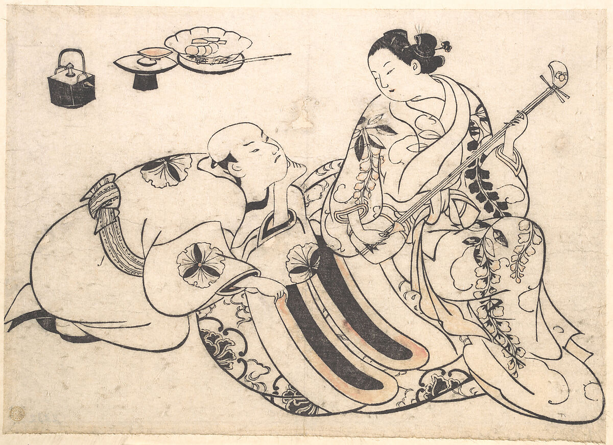 A Man in a Kneeling Posture Bending Forward and Listening to an Oiran who is Playing the Shamisen, Okumura Masanobu (Japanese, 1686–1764), Woodblock print; ink and color on paper, Japan 