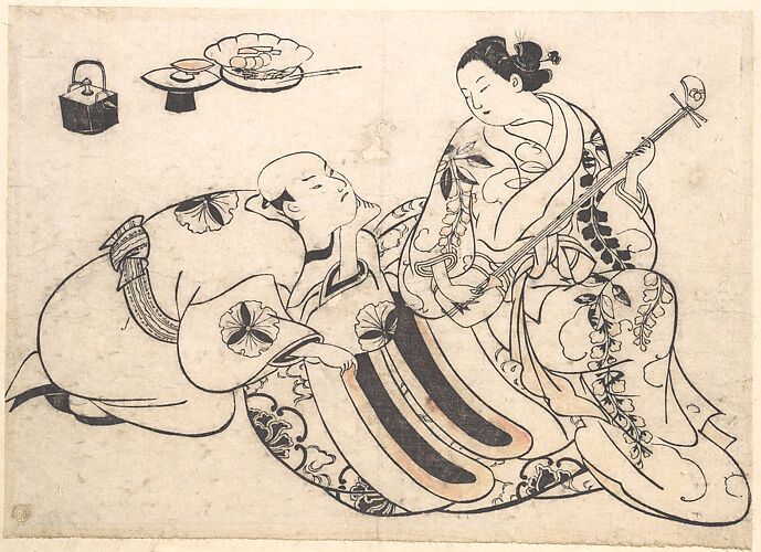 A Man in a Kneeling Posture Bending Forward and Listening to an Oiran who is Playing the Shamisen