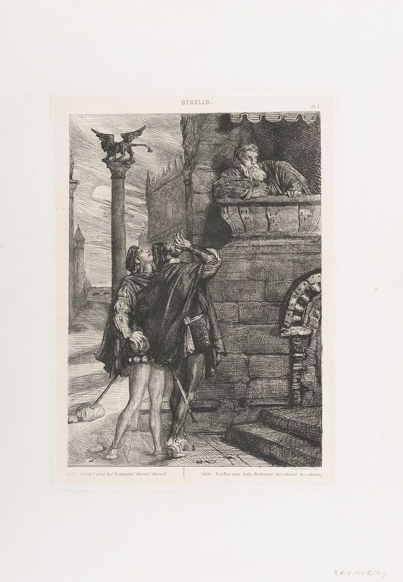 "Owake!  what ho!  Brabantio!  thieves!  thieves!": plate 1 from Othello (Act 1, Scene 1), Théodore Chassériau (French, Le Limon, Saint-Domingue, West Indies 1819–1856 Paris), Etching, engraving, and roulette on chine collé 