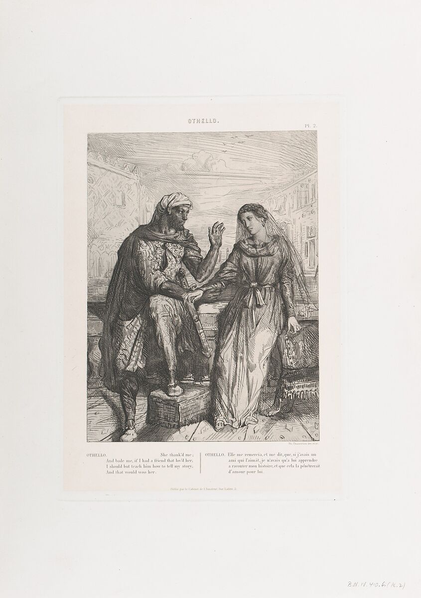 "She thank'd me": plate 2 from Othello (Act 1, Scene 3), Théodore Chassériau (French, Le Limon, Saint-Domingue, West Indies 1819–1856 Paris), Etching, engraving, roulette, and drypoint on chine collé 