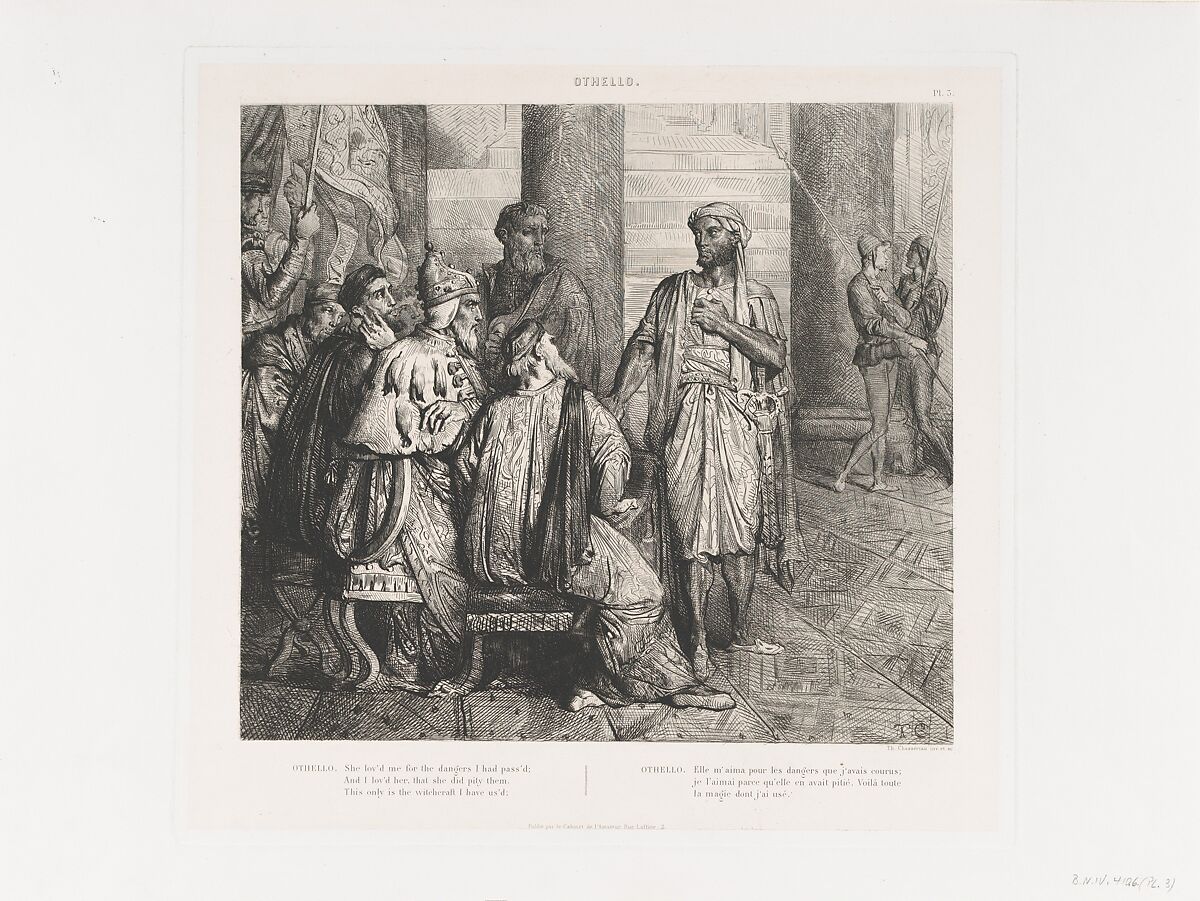 "She lov'd me for the dangers I had pass'd": plate 3 from Othello (Act 1, Scene 3), Théodore Chassériau (French, Le Limon, Saint-Domingue, West Indies 1819–1856 Paris), Etching, engraving, roulette, and drypoint on chine collé; second edition (Gazette des Beaux-Arts) 