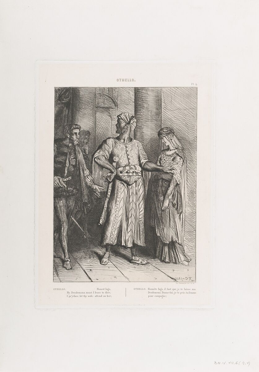 "Honest Iago, my Desdemona must I leave to thee": plate 4 from Othello (Act 1, Scene 3), Théodore Chassériau (French, Le Limon, Saint-Domingue, West Indies 1819–1856 Paris), Etching, engraving, roulette, and drypoint on chine collé; second edition (Gazette des Beaux-Arts) 