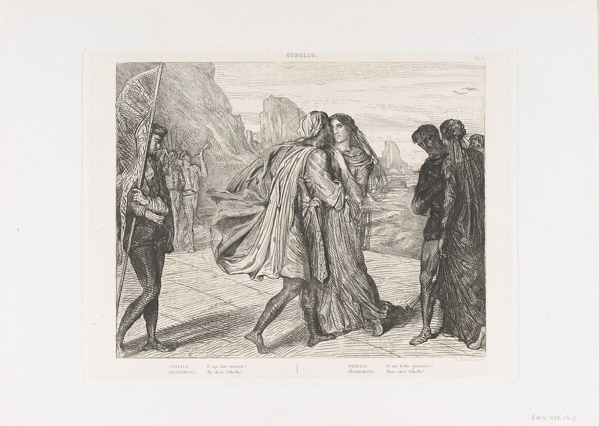 "O my fair warrior!": plate 5 from Othello (Act 2, Scene 1), Théodore Chassériau (French, Le Limon, Saint-Domingue, West Indies 1819–1856 Paris), Etching, engraving, roulette, and drypoint on chine collé; second edition (Gazette des Beaux-Arts) 