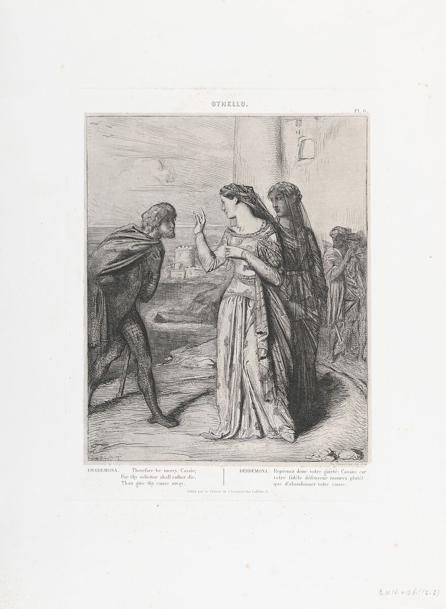 "Therefore, be merry Cassio": plate 6 from Othello (Act 3, Scene 3), Théodore Chassériau (French, Le Limon, Saint-Domingue, West Indies 1819–1856 Paris), Etching, engraving, roulette, drypoint on chine collé; first edition of 1844 