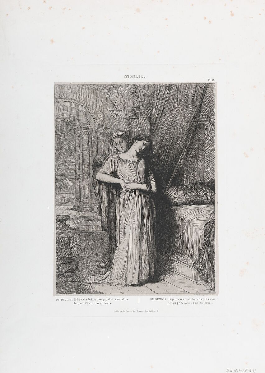 "If I do die before thee, pr'ythee shroud me in one of those same sheets": plate 8 from Othello (Act 4, Scene 3), Théodore Chassériau (French, Le Limon, Saint-Domingue, West Indies 1819–1856 Paris), Etching, engraving, and drypoint on chine collé; first edition of 1844 
