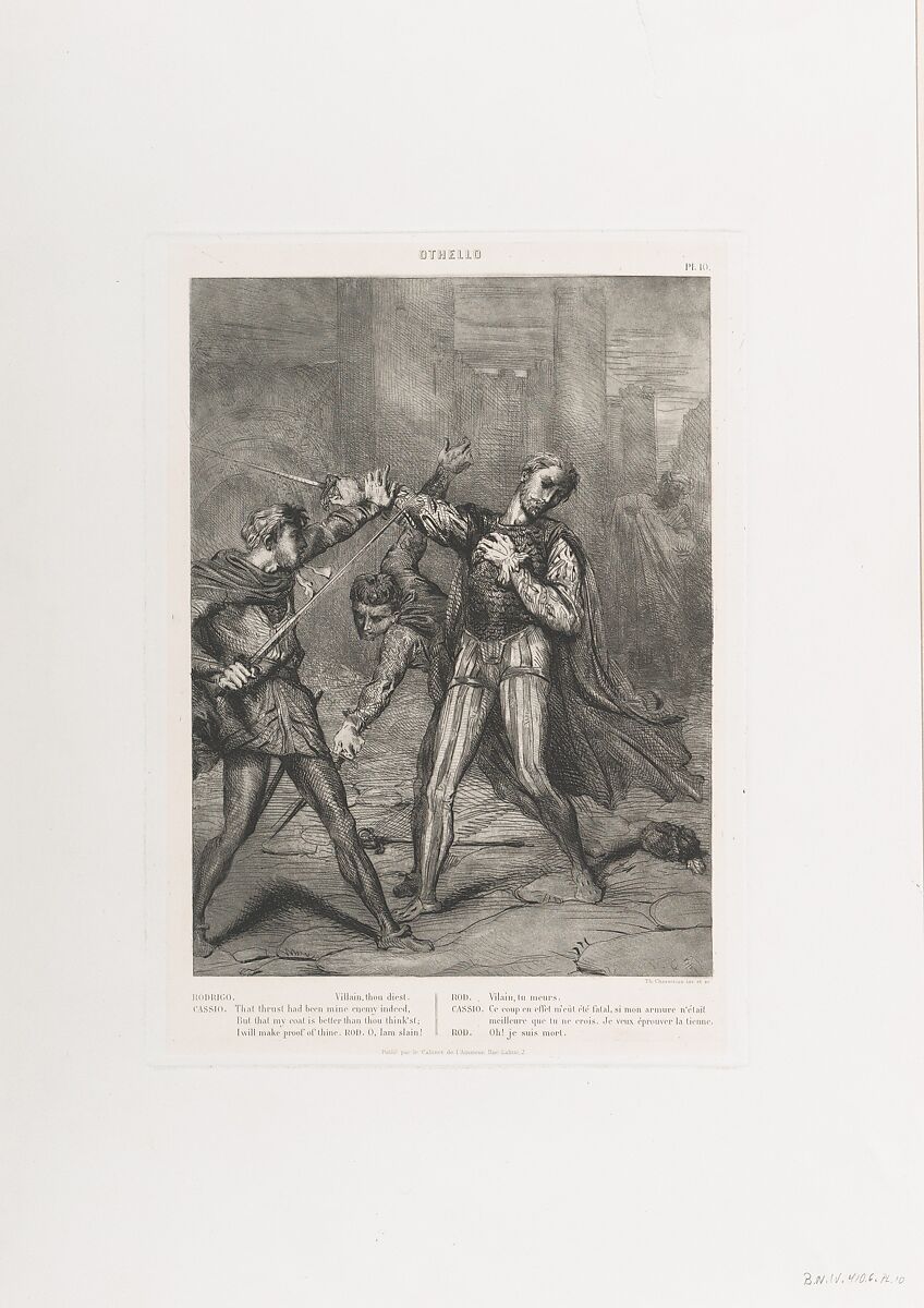 "Villain, thou diest": plate 10 from Othello (Act 5, Scene 1), Théodore Chassériau (French, Le Limon, Saint-Domingue, West Indies 1819–1856 Paris), Etching, engraving, and aquatint on chine collé; second edition (Gazette des Beaux-Arts) 