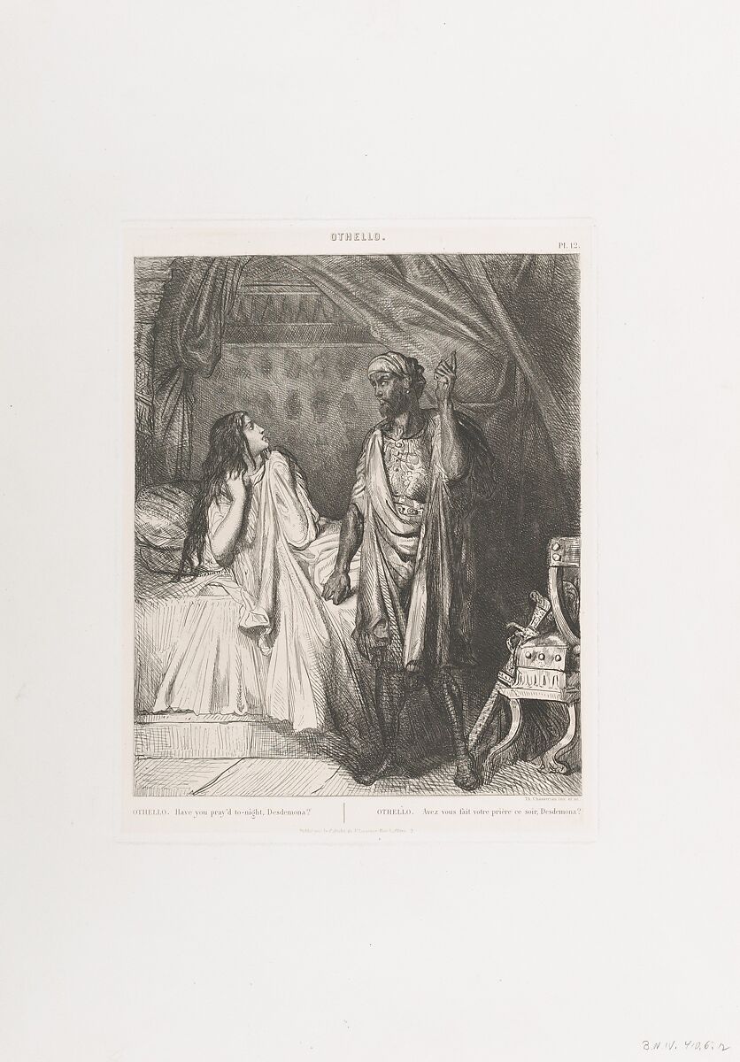 "Have you pray'd tonight, Dedesmona?": plate 12 from Othello (Act 5, Scene 2), Théodore Chassériau (French, Le Limon, Saint-Domingue, West Indies 1819–1856 Paris), Etching, engraving, and roulette on chine collé; second edition (Gazette des Beaux-Arts, 1900) 