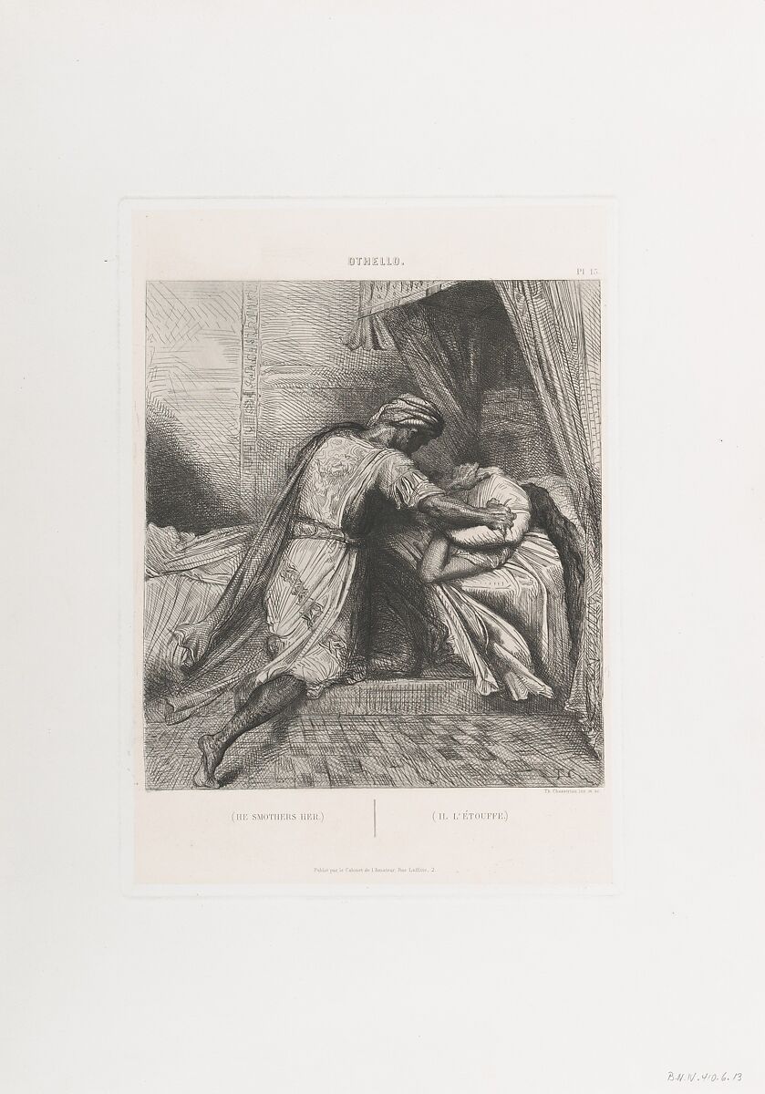 "He smothers her": plate 13 from Othello (Act 5, Scene 2), Théodore Chassériau (French, Le Limon, Saint-Domingue, West Indies 1819–1856 Paris), Etching and engraving on chine collé; second edition (Gazette des Beaux-Arts) 