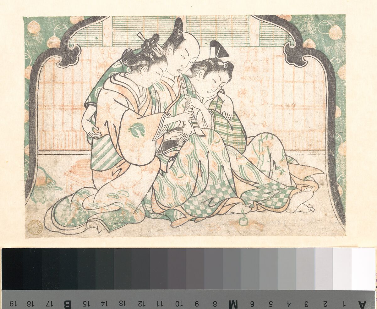 A Young Man Seated between Two Women, Okumura Masanobu (Japanese, 1686–1764), Woodblock print; ink and color on paper, Japan 