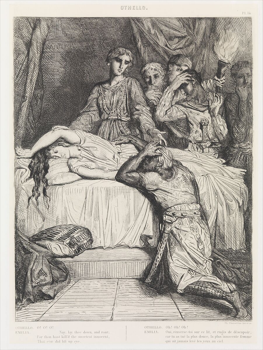 "Oh! Oh! Oh!": plate 14 from Othello (Act 5, Scene 2), Théodore Chassériau (French, Le Limon, Saint-Domingue, West Indies 1819–1856 Paris), Etching, engraving, and roulette on chine collé; second edition (Gazette des Beaux-Arts) 