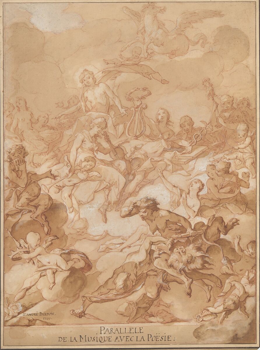 An Allegory Comparing Music and Poetry, Michel François Dandré-Bardon (French, Aix-en-Provence 1700–1783 Paris), Pen and brown ink, brush and brown wash, over red chalk and traces of black chalk, heightened with white gouache