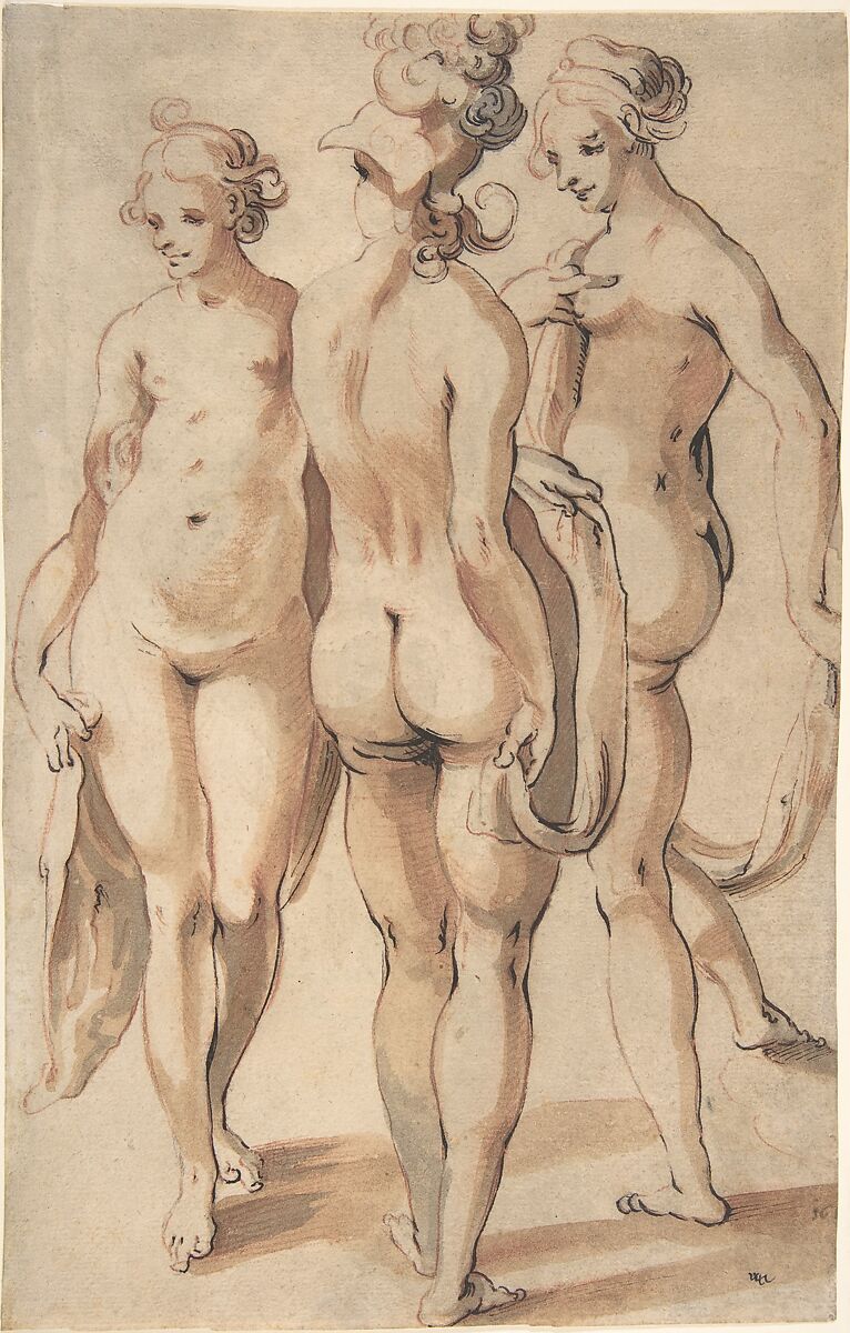 The Three Graces, Attributed to Sebastian Schütz (German, Nuremberg (?) 1595–1631 Braunschweig), Pen and black ink, brush and brown and gray wash, over red and black chalk 