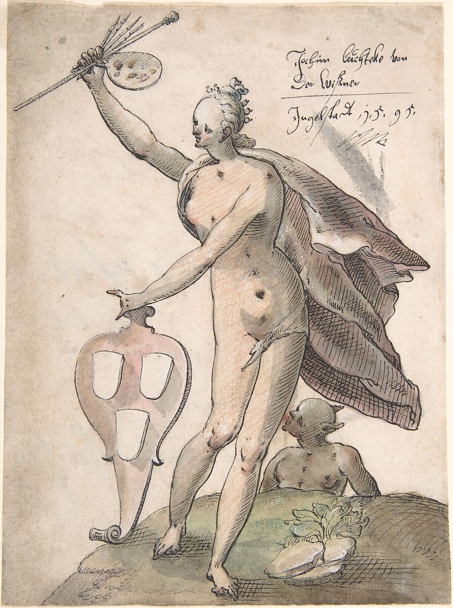 Allegory of Art, Joachim Lüchteke (German, active 1595), Pen and black ink, brush and coloured washes, heightened with white, over red chalk 