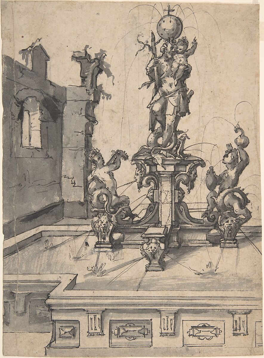 Design for an Elaborate Fountain Surmounted by a Statue of St. Christopher; verso: Studies of Architectural Details, Wendel Dietterlin, the Elder (German, Pfullendorf 1550/51–ca. 1599 Strasbourg), Pen and black ink, brush and gray wash; verso: black chalk and pen and black ink 