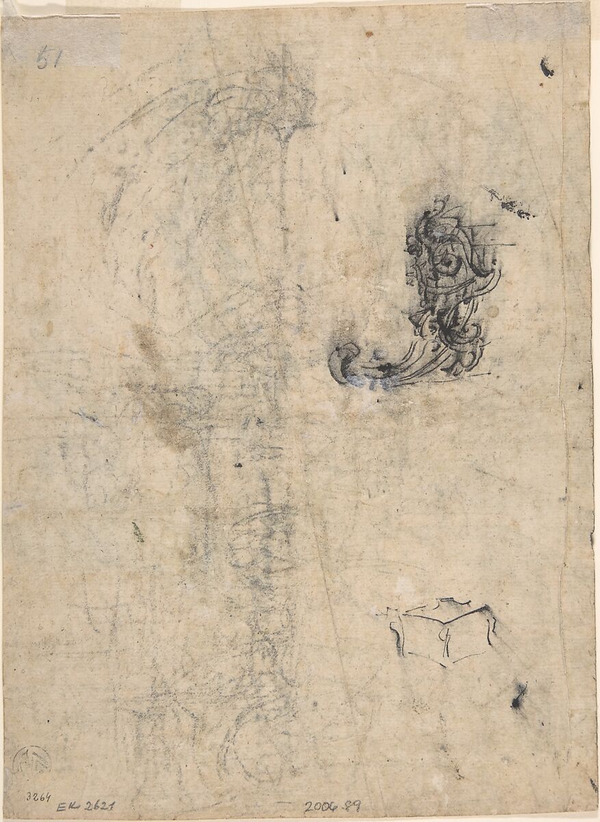 Design for an Elaborate Fountain Surmounted by a Statue of St. Christopher; verso: Studies of Architectural Details, Wendel Dietterlin, the Elder (German, Pfullendorf 1550/51–ca. 1599 Strasbourg), Pen and black ink, brush and gray wash; verso: black chalk and pen and black ink