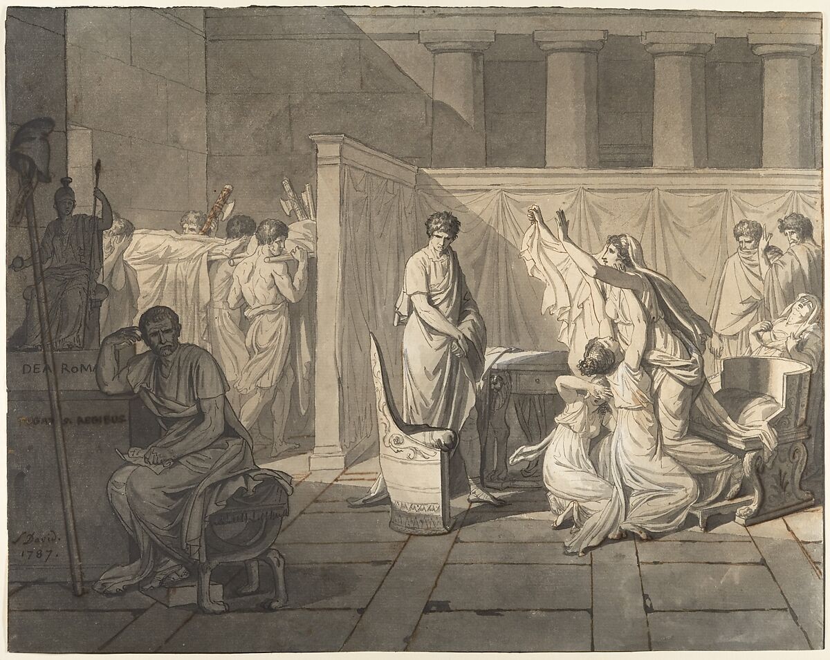 The Lictors Bringing Brutus the Bodies of his Sons, Jacques Louis David (French, Paris 1748–1825 Brussels), Black chalk, pen and black and brown ink, brush and gray and brown wash, heightened with white gouache