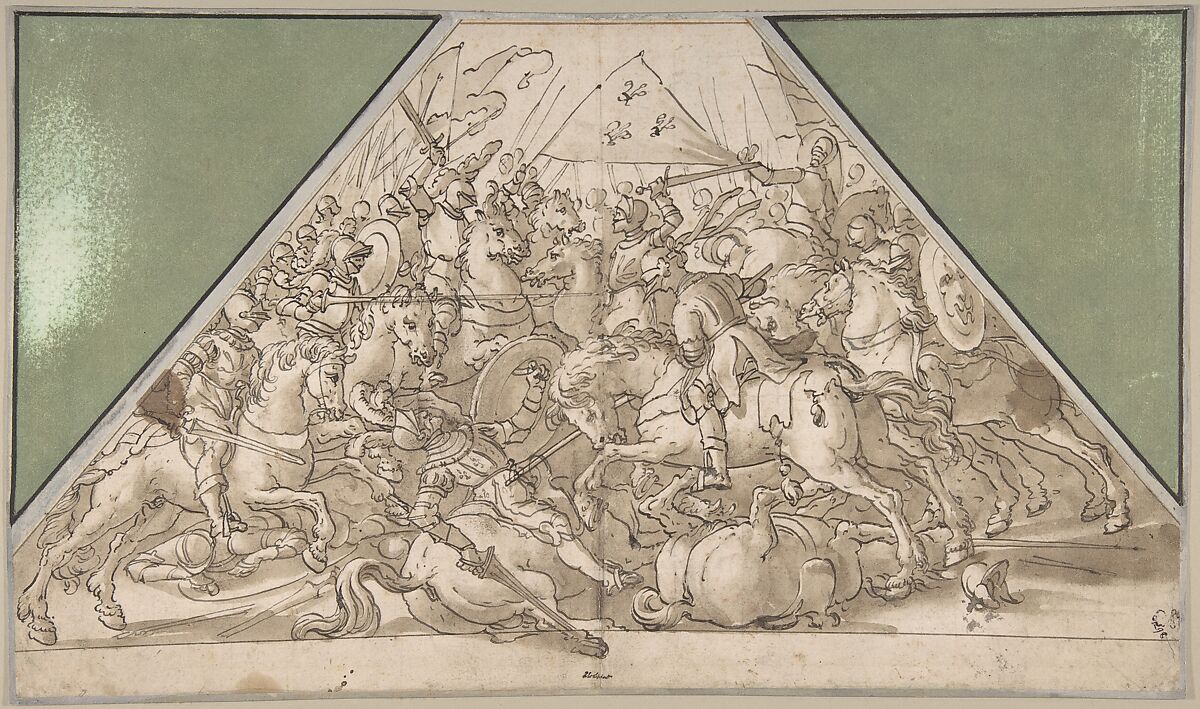Battle Scene, Hans Heinrich Waegmann (Swiss, Zurich 1559–ca. 1626 Lucern), Pen and dark brown ink, brush and brown wash, over black chalk. Framing line in dark brown ink. 