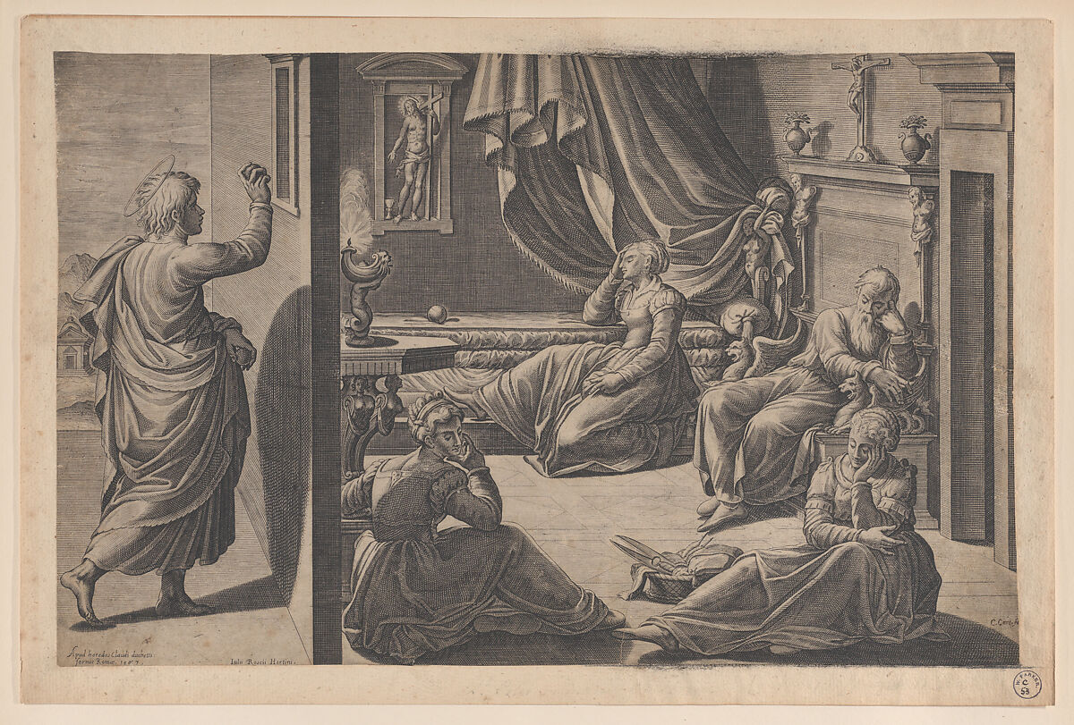 Saint Nicholas of Bari and the Three Poor Girls, Cristofano Cartaro (Italian, active Rome, 1577–87), Engraving 