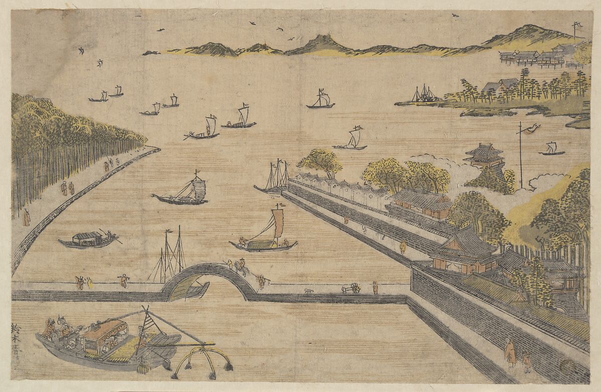 View of Fukagawa, Edo, Suzuki Harunobu (Japanese, 1725–1770), Woodblock print; ink and color on paper, Japan 