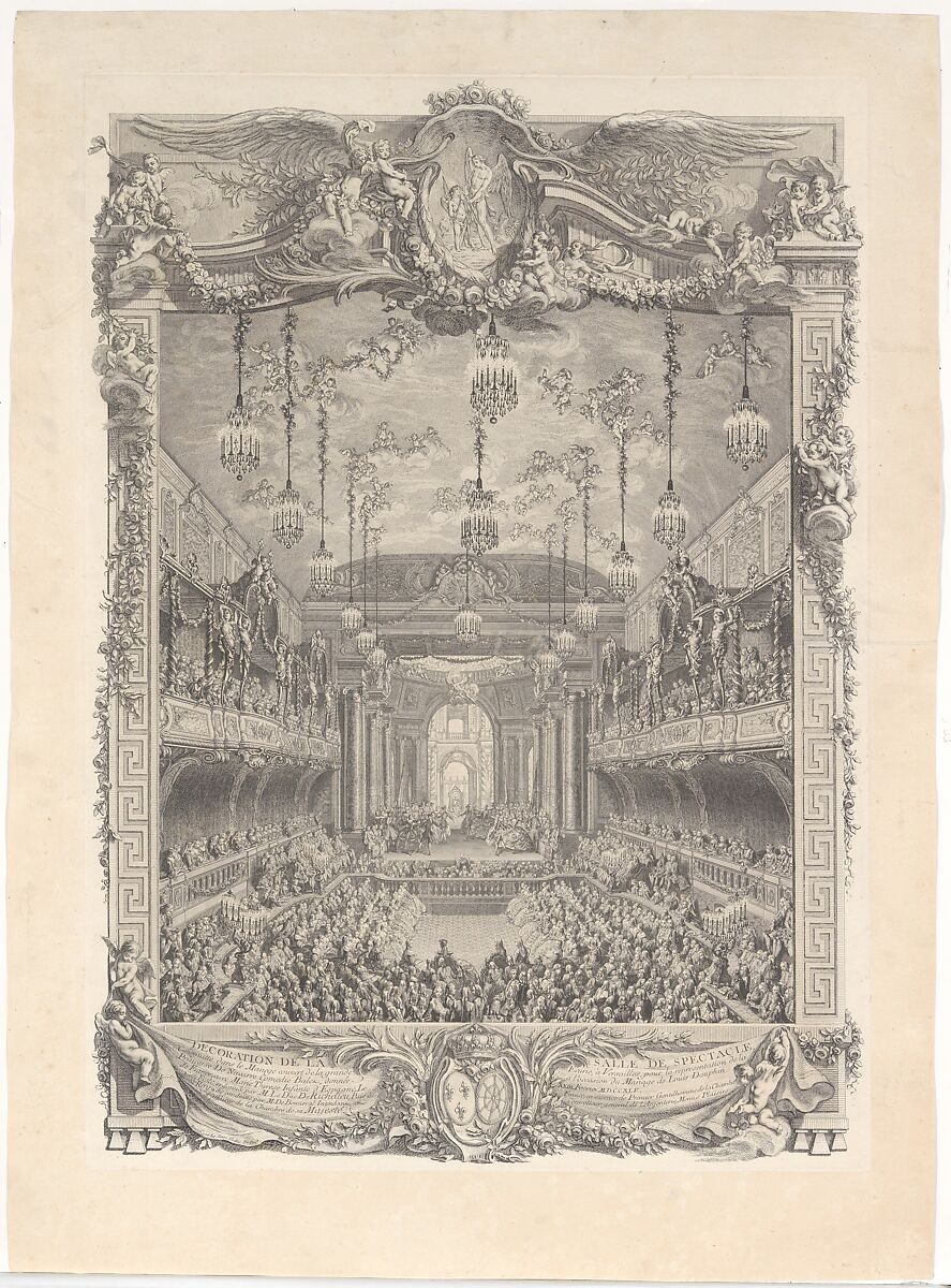 Decoration de la salle de spectacle construite a Versailles pour la representation de la Princesse de Navarre, Charles Nicolas Cochin II (French, Paris 1715–1790 Paris), Etching 