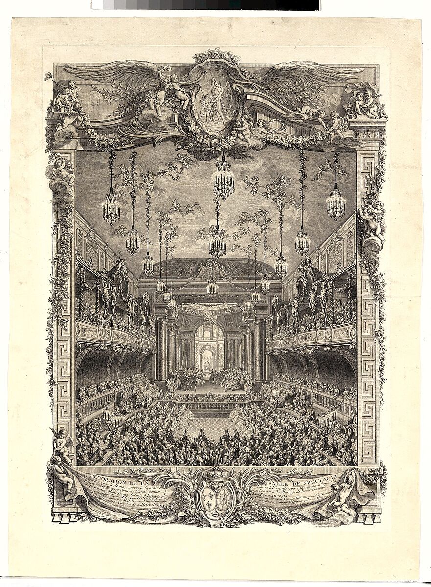 Decoration de la salle de spectacle construite a Versailles pour la representation de la Princesse de Navarre, Charles Nicolas Cochin II (French, Paris 1715–1790 Paris), Etching