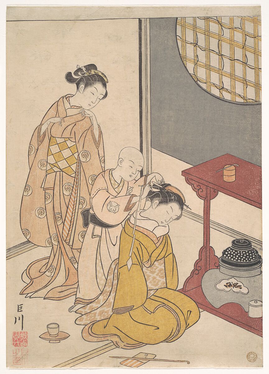 Night Rain at the Double-Shelf Stand, from the series Eight Parlor Views (Zashiki hakkei), Suzuki Harunobu (Japanese, 1725–1770), Woodblock print (first edition); ink and colors on paper, medium-sized print (chuban), Japan 
