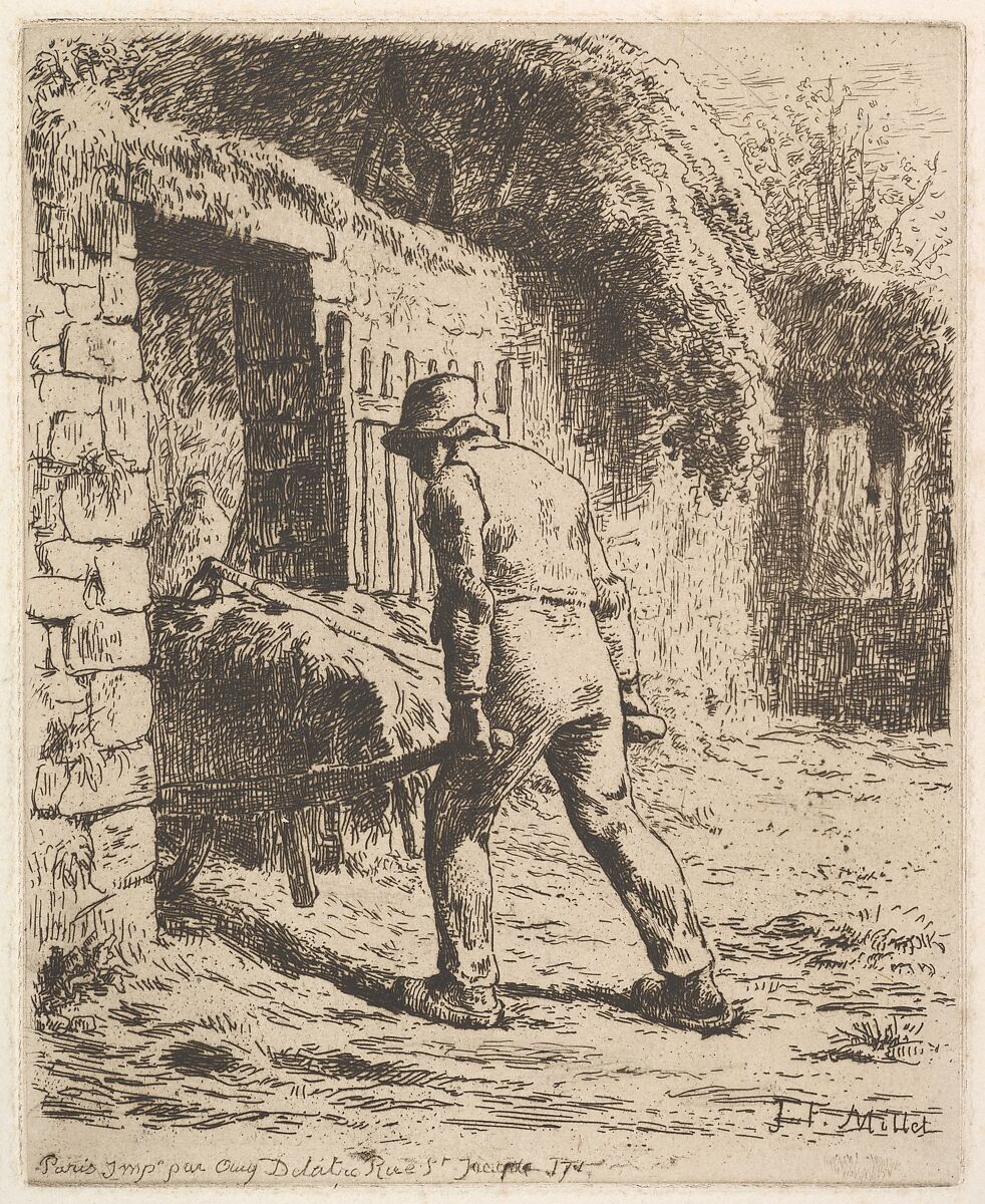 Peasant Pushing a Wheelbarrow, Jean-François Millet (French, Gruchy 1814–1875 Barbizon), Etching printed in brown/black ink on chine collé; second state of four 