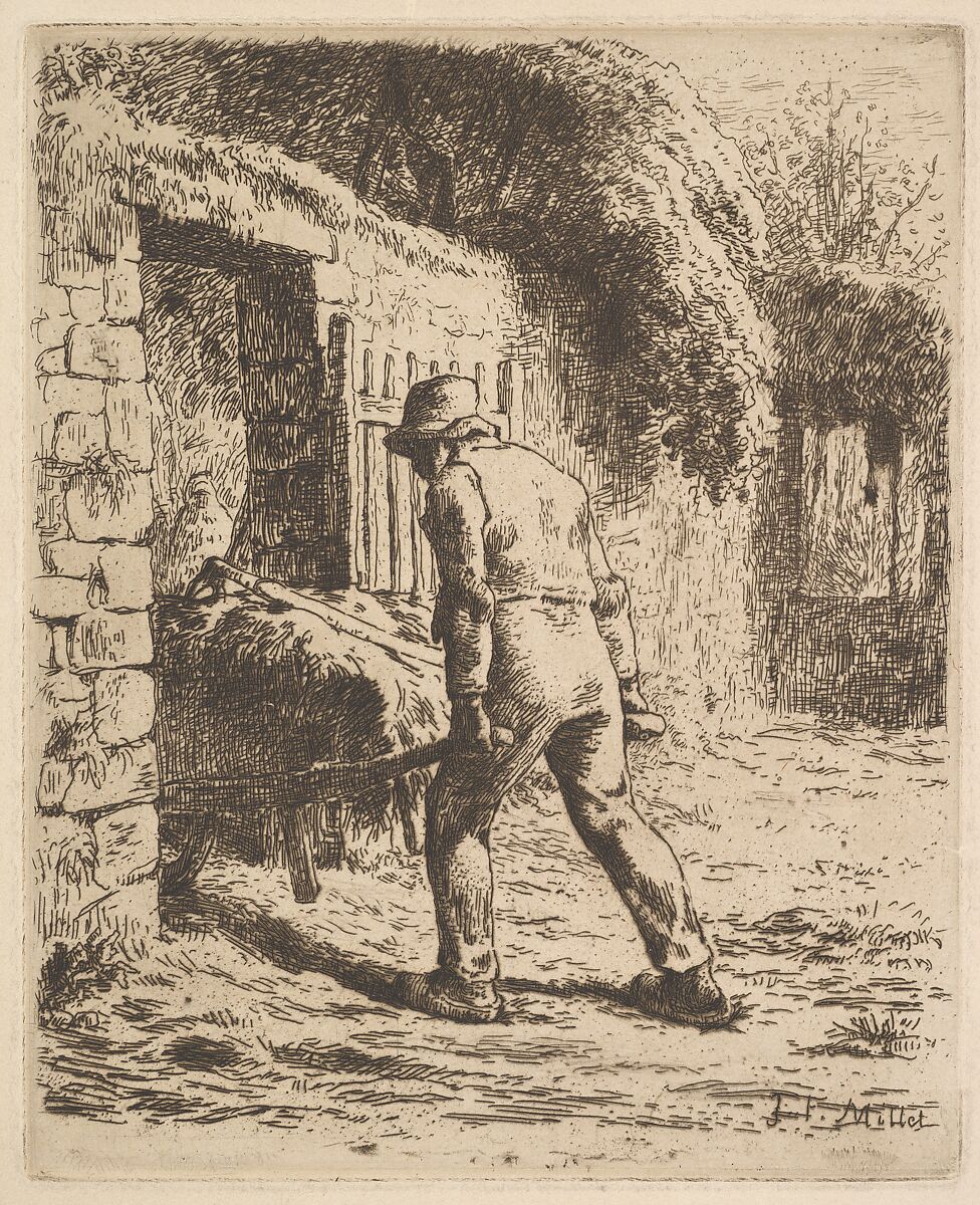 Peasant Pushing A Wheelbarrow, Jean-François Millet (French, Gruchy 1814–1875 Barbizon), Etching printed in brown/black ink  on chine collé; first state of four 