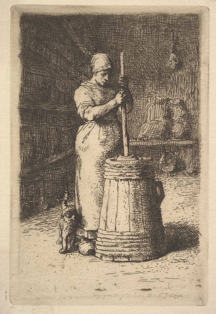 Woman Churning Butter, Jean-François Millet (French, Gruchy 1814–1875 Barbizon), Etching on thin laid paper; third state of three (final state) 