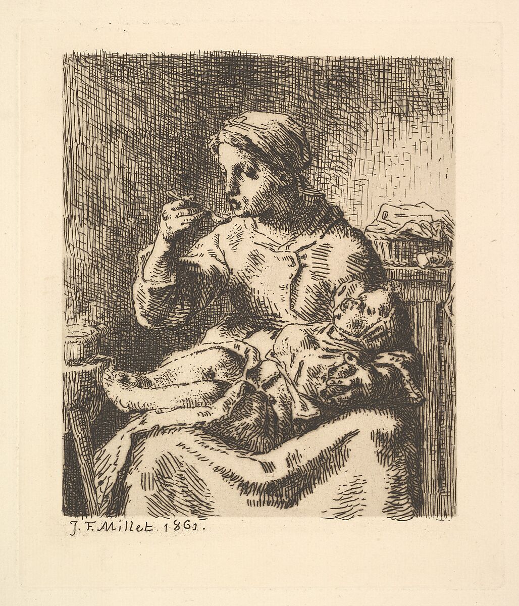 Cooling the Porridge, Jean-François Millet (French, Gruchy 1814–1875 Barbizon), Etching on laid paper; fifth state of five 