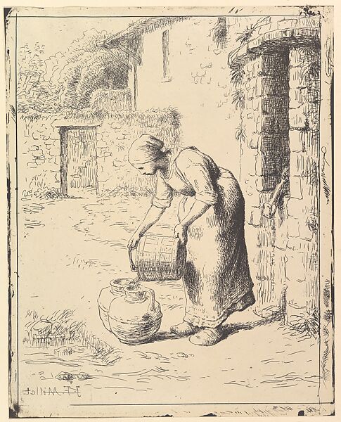 A Woman Emptying a Bucket, Jean-François Millet (French, Gruchy 1814–1875 Barbizon), Heliogravure on wove paper; Le Garrec edition of 1921 