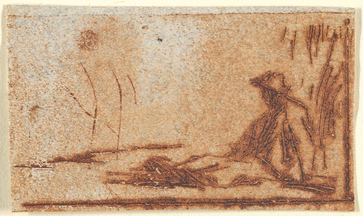 Seated Peasant, Jean-François Millet (French, Gruchy 1814–1875 Barbizon), Etching (undescribed first state?)printed in red ink on wove paper 