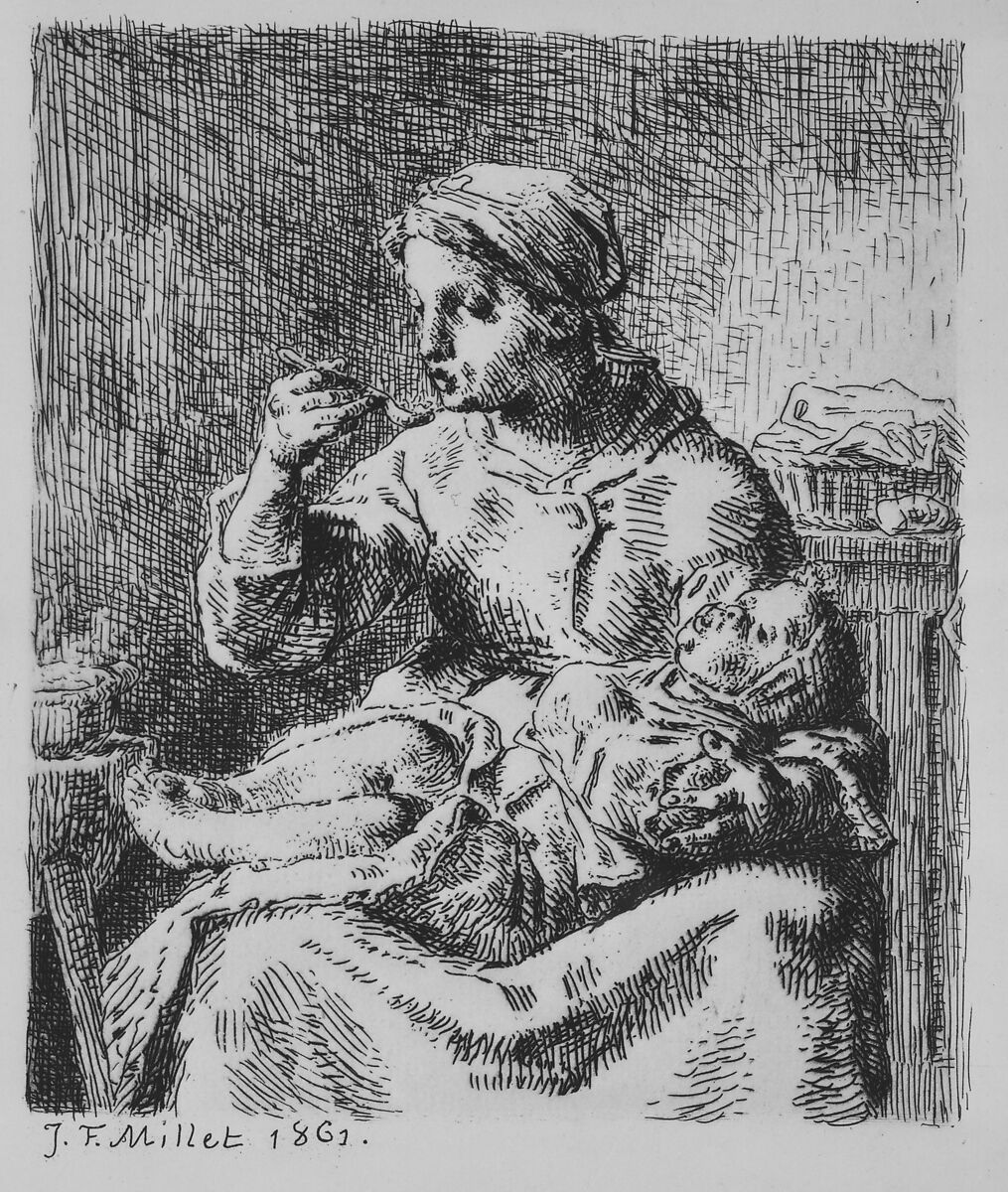 Cooling the Porridge, Jean-François Millet (French, Gruchy 1814–1875 Barbizon), Etching; third state of five