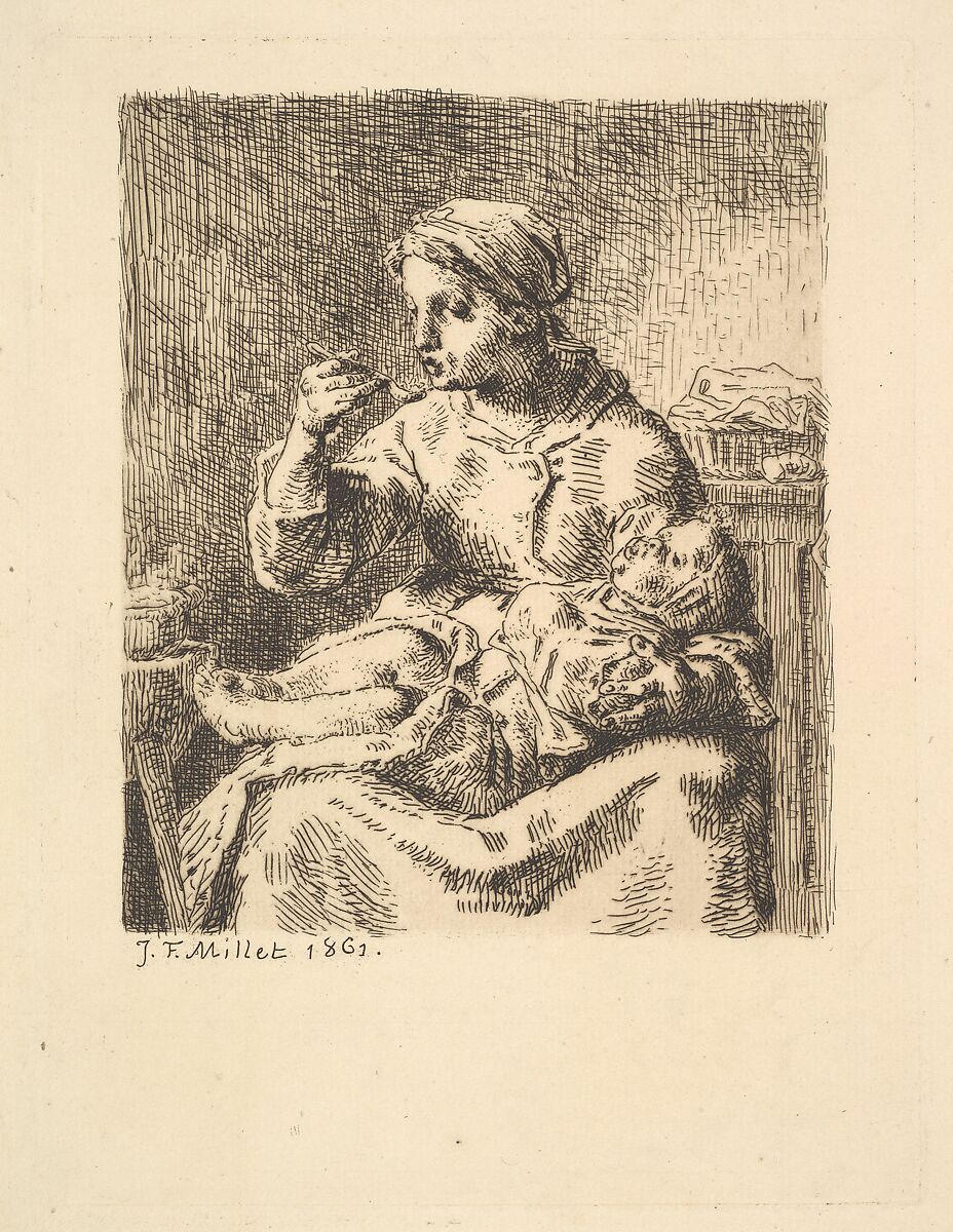 Cooling the Porridge, Jean-François Millet (French, Gruchy 1814–1875 Barbizon), Etching on laid paper; third state of five 