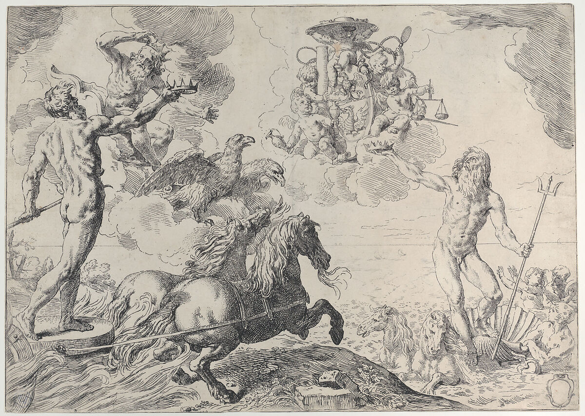 Jupiter, Neptune, and Pluto offering their crowns to the arms of Cardinal Borghese, Simone Cantarini (Italian, Pesaro 1612–1648 Verona), Etching; second state of four